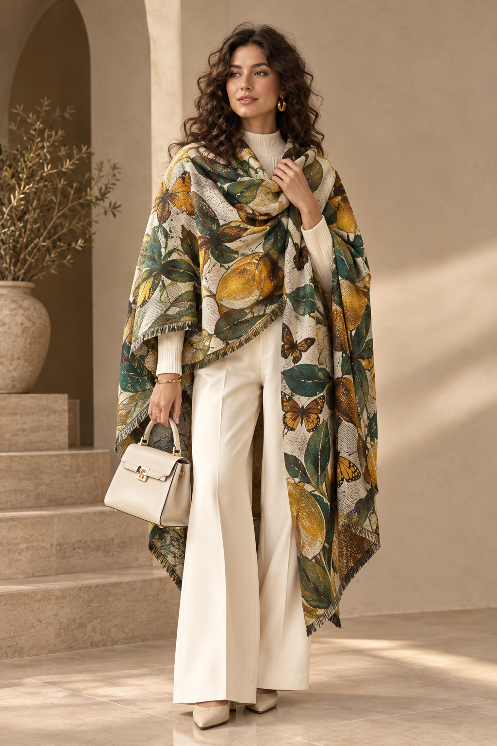 Printed polyester scarf for women with green and tan butterfly floral pattern