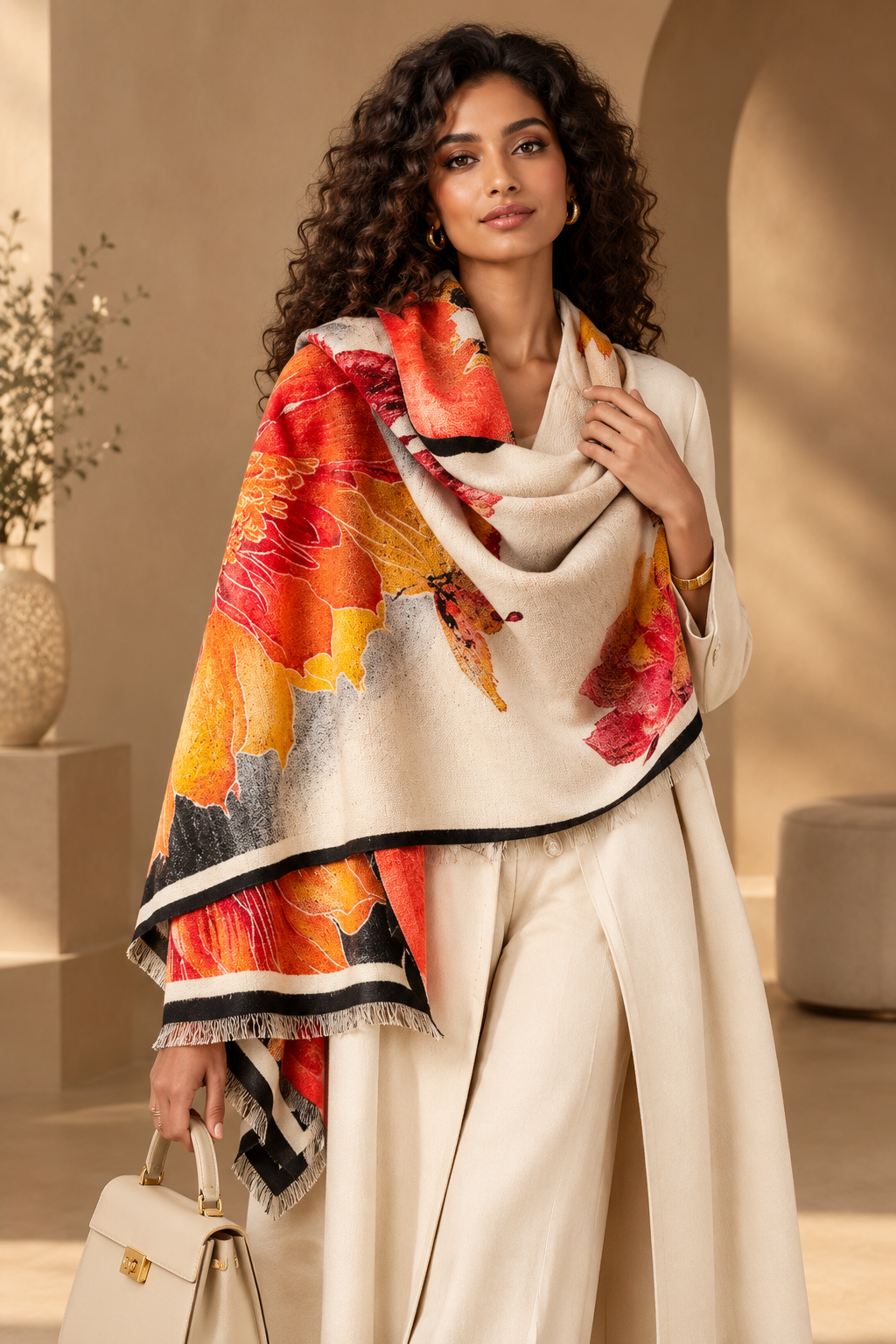 Printed polyester scarf for women in cream with red floral and dark border