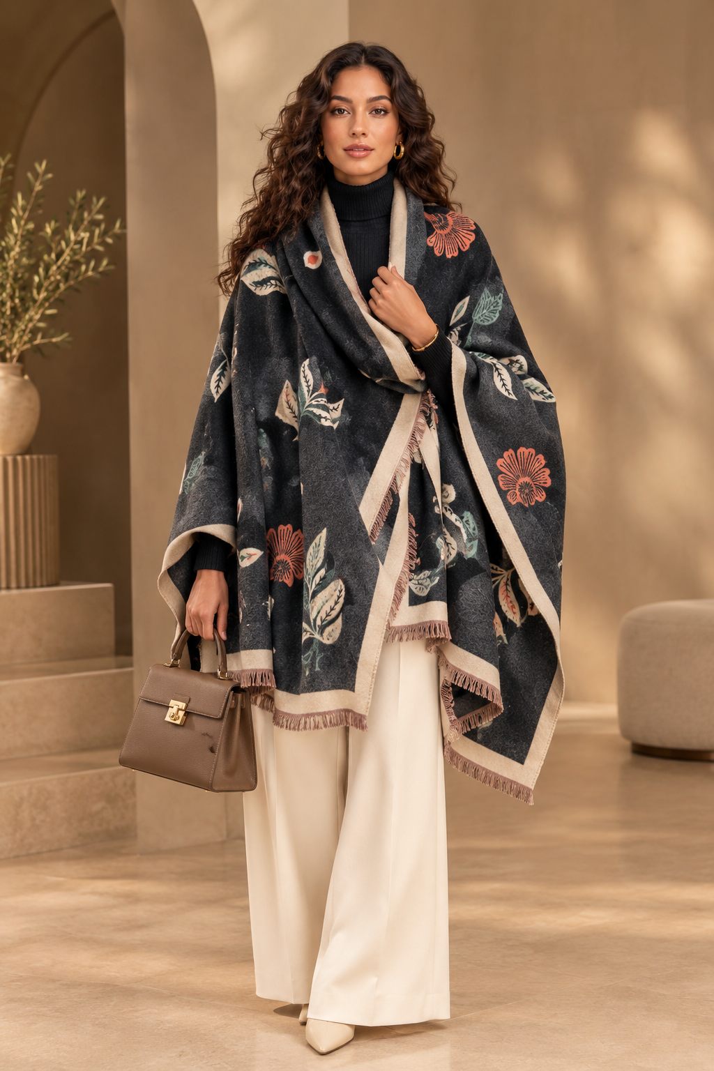 Dark floral-print polyester scarf with fringed ends, styled as a wrap.