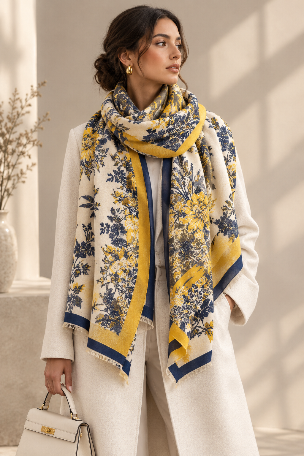 Blue floral-print polyester scarf with a pale contrast border.