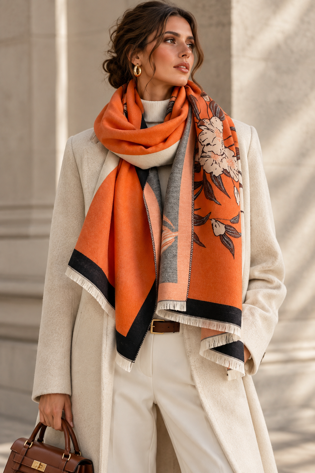Printed polyester scarf for women in orange floral with black trim on cream base