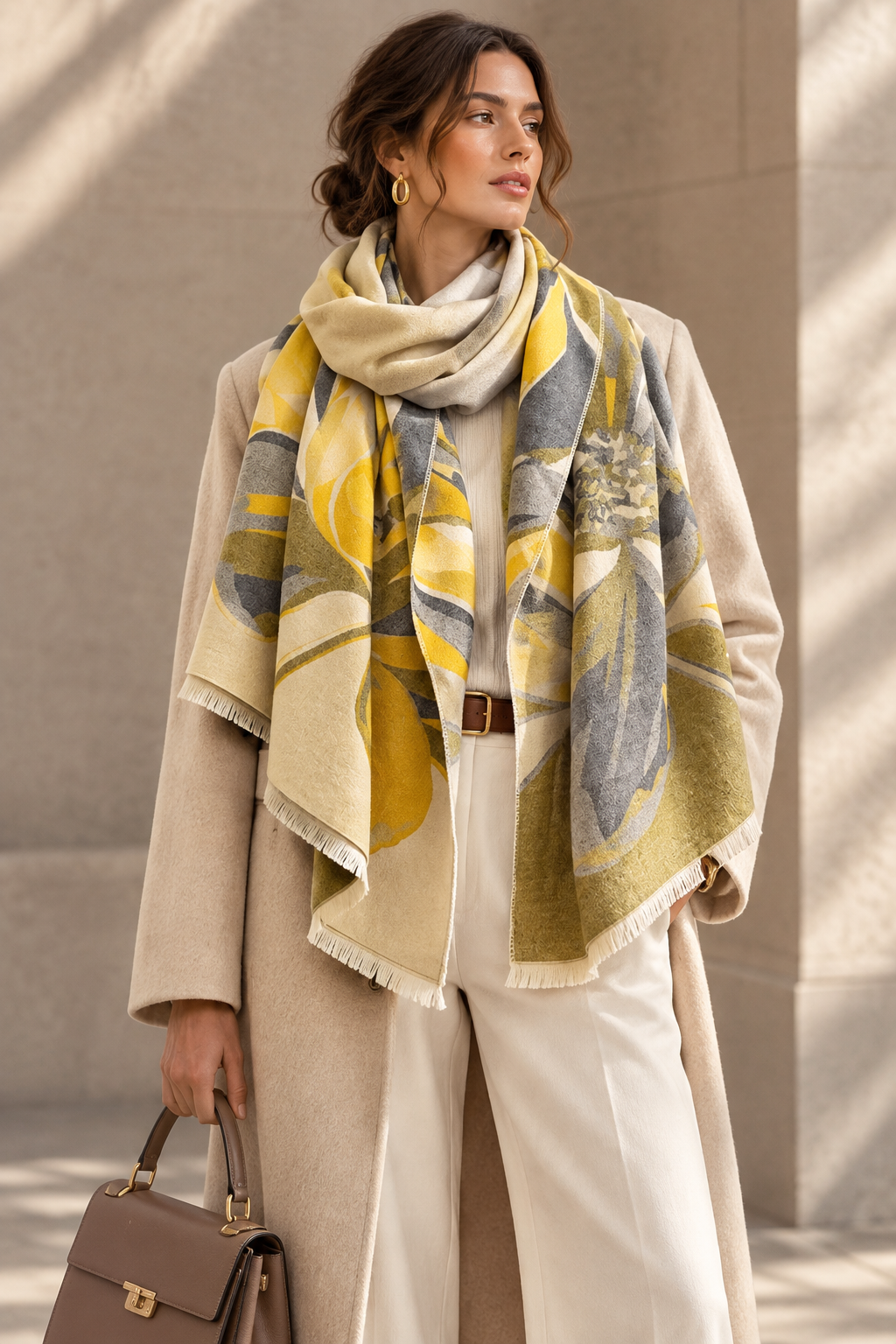 Printed polyester scarf for women with yellow, green, and gray botanical motif