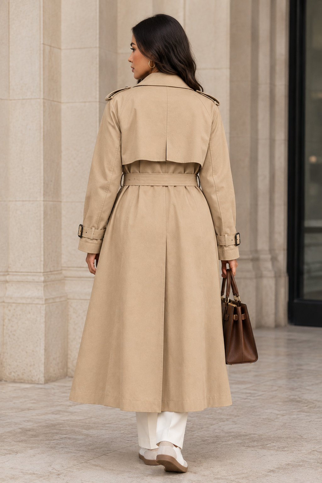 Back view of a khaki lined belted mac coat on a model