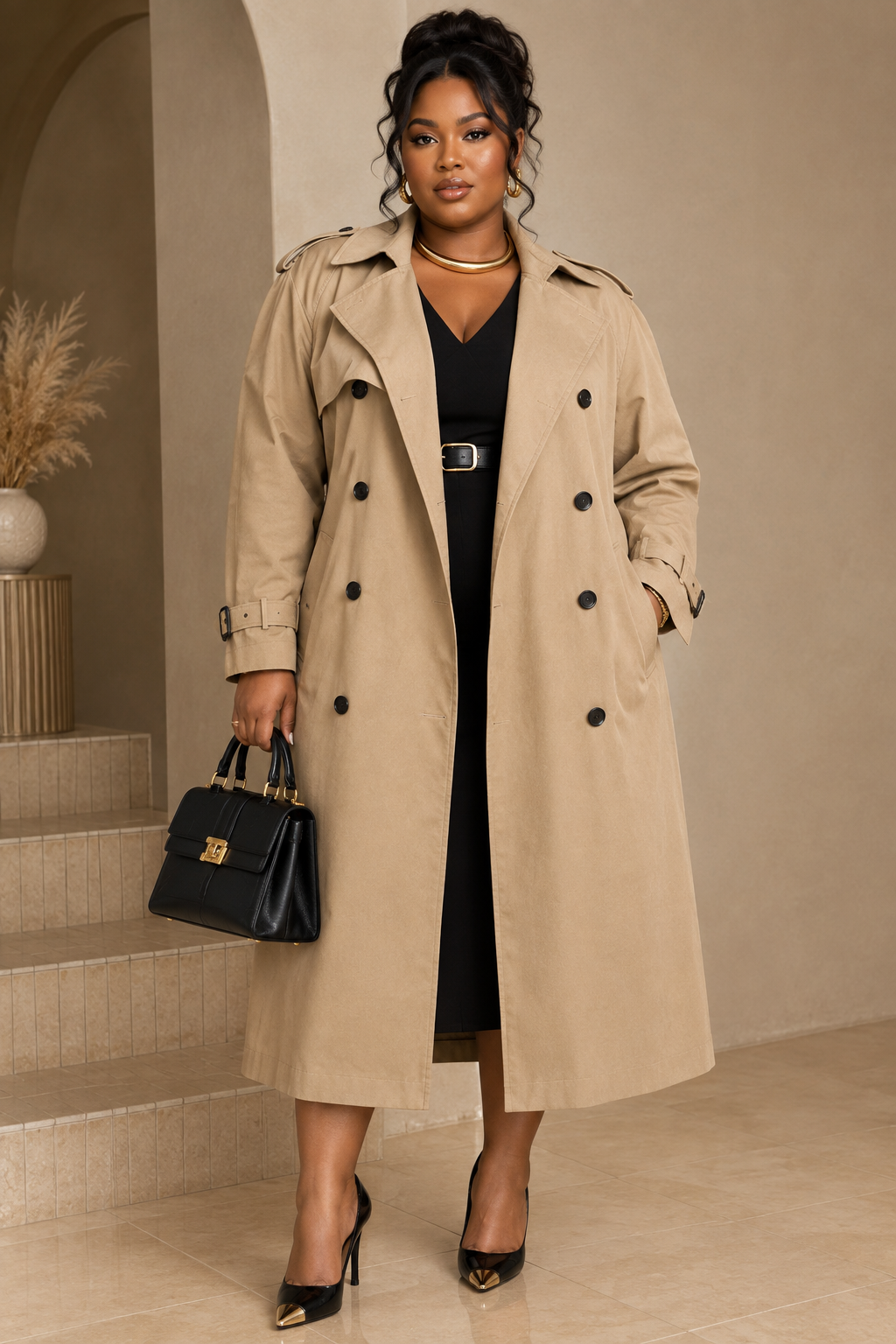 Styled front view of a beige belted trench coat on model