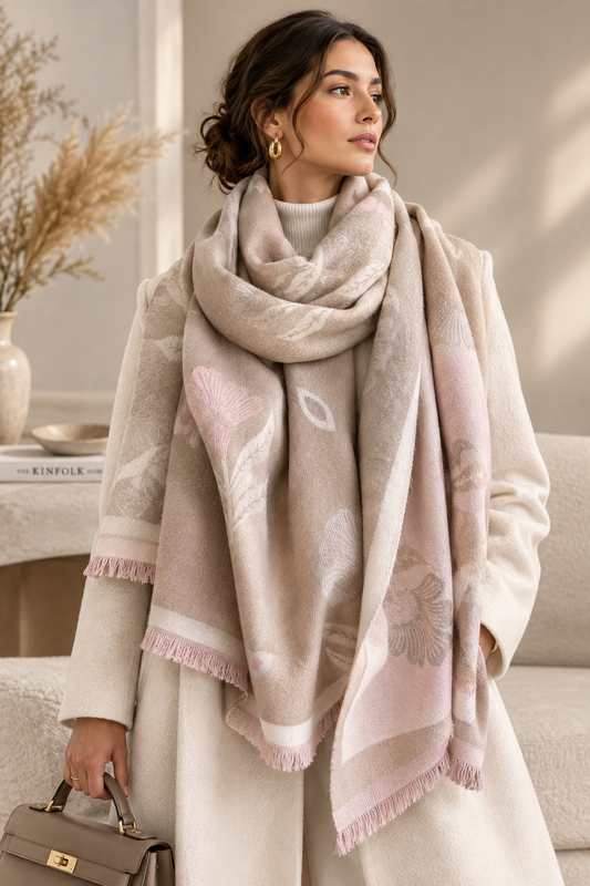Light beige printed polyester fringed scarf with pink floral pattern, wrap style