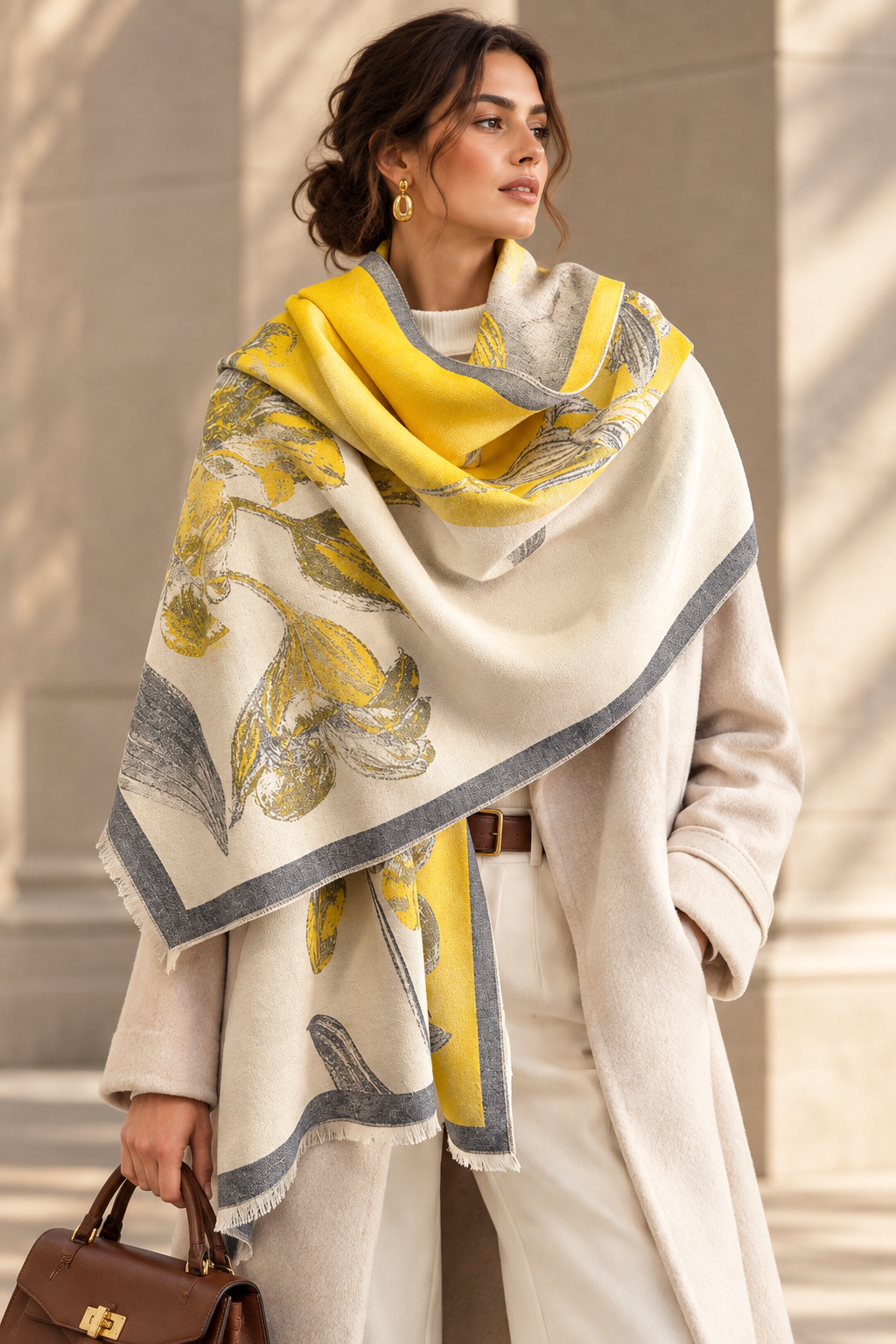Printed polyester scarf for women in cream with yellow and gray botanical print