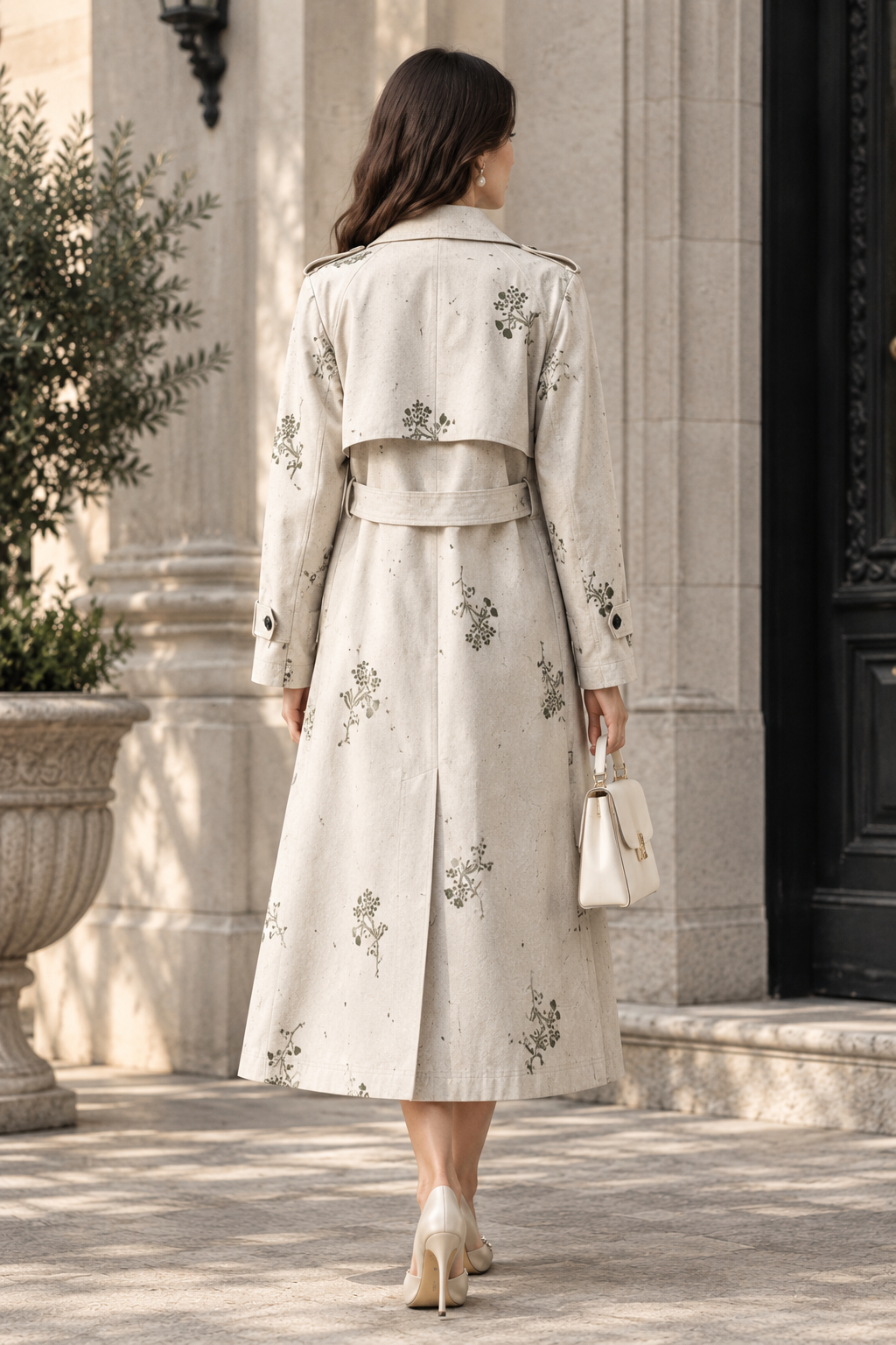 Front view of the grey embroidered double-breasted trench coat