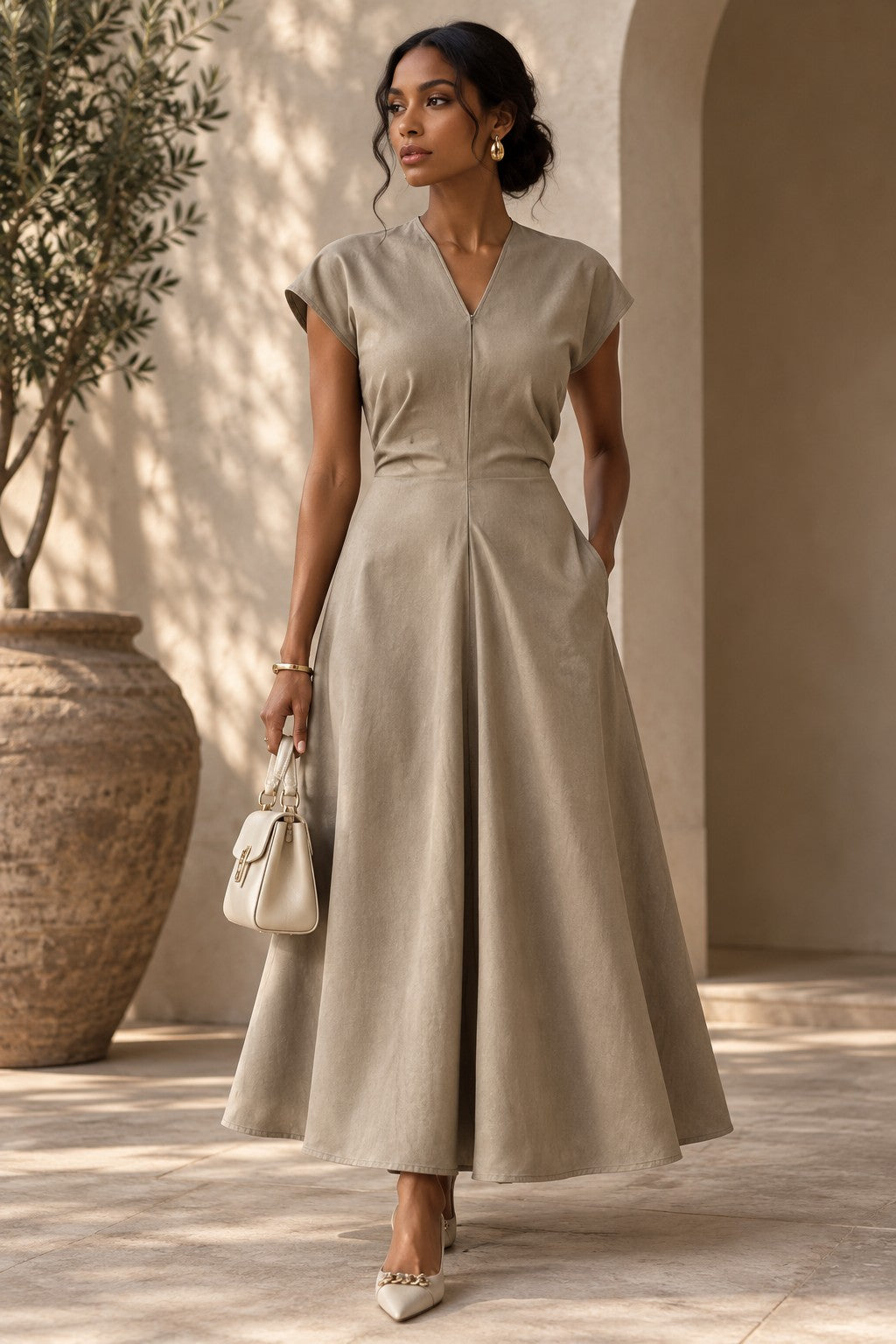 Beige satin midi dress with twist-front bodice and short sleeves, pleated skirt