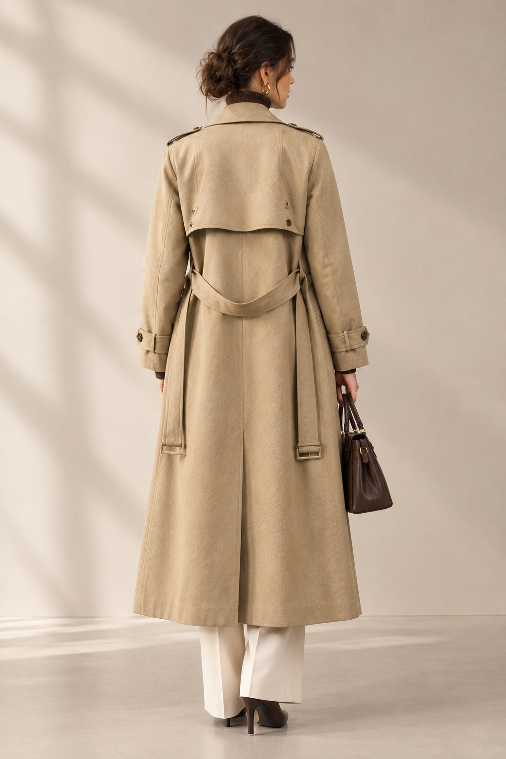 Back view of a women's beige twill double-breasted belted coat on a model