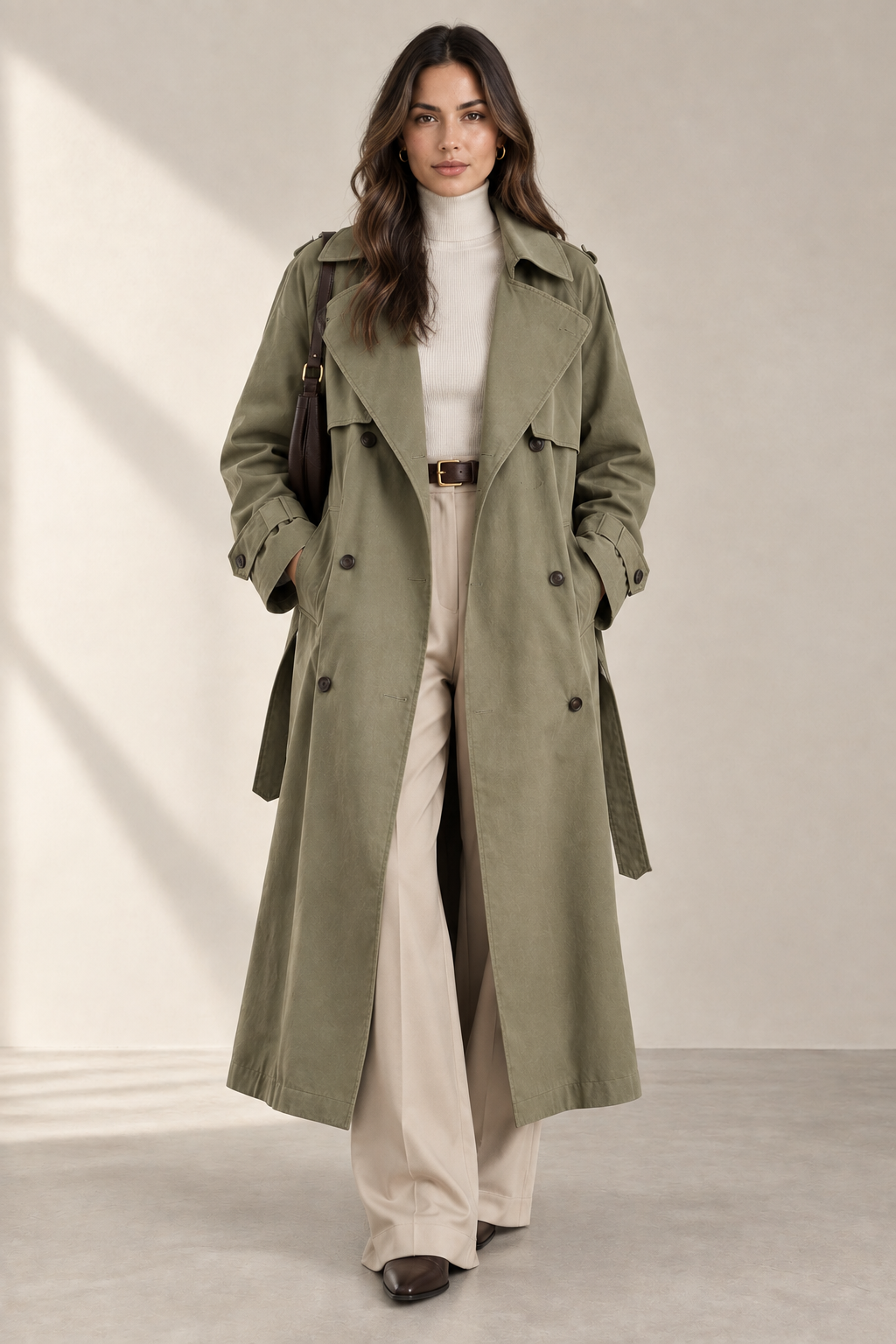 Back view of a women's khaki belted trench coat on a model