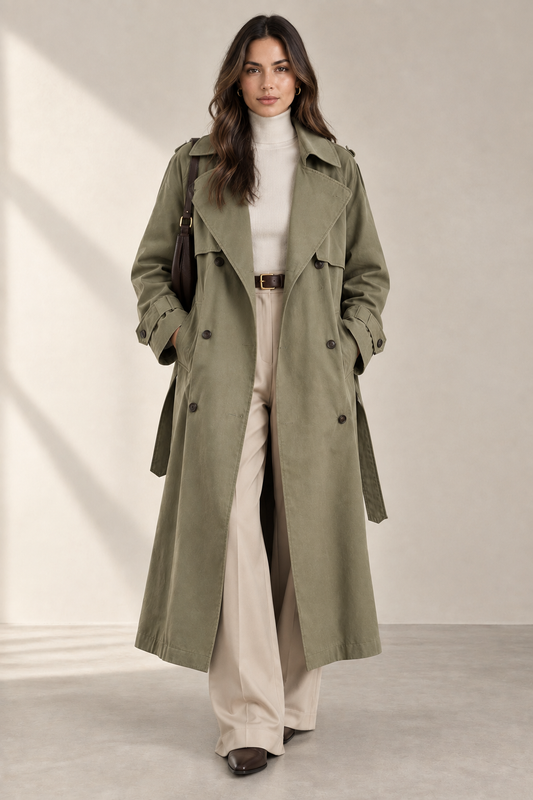 Back view of a women's khaki belted trench coat on a model