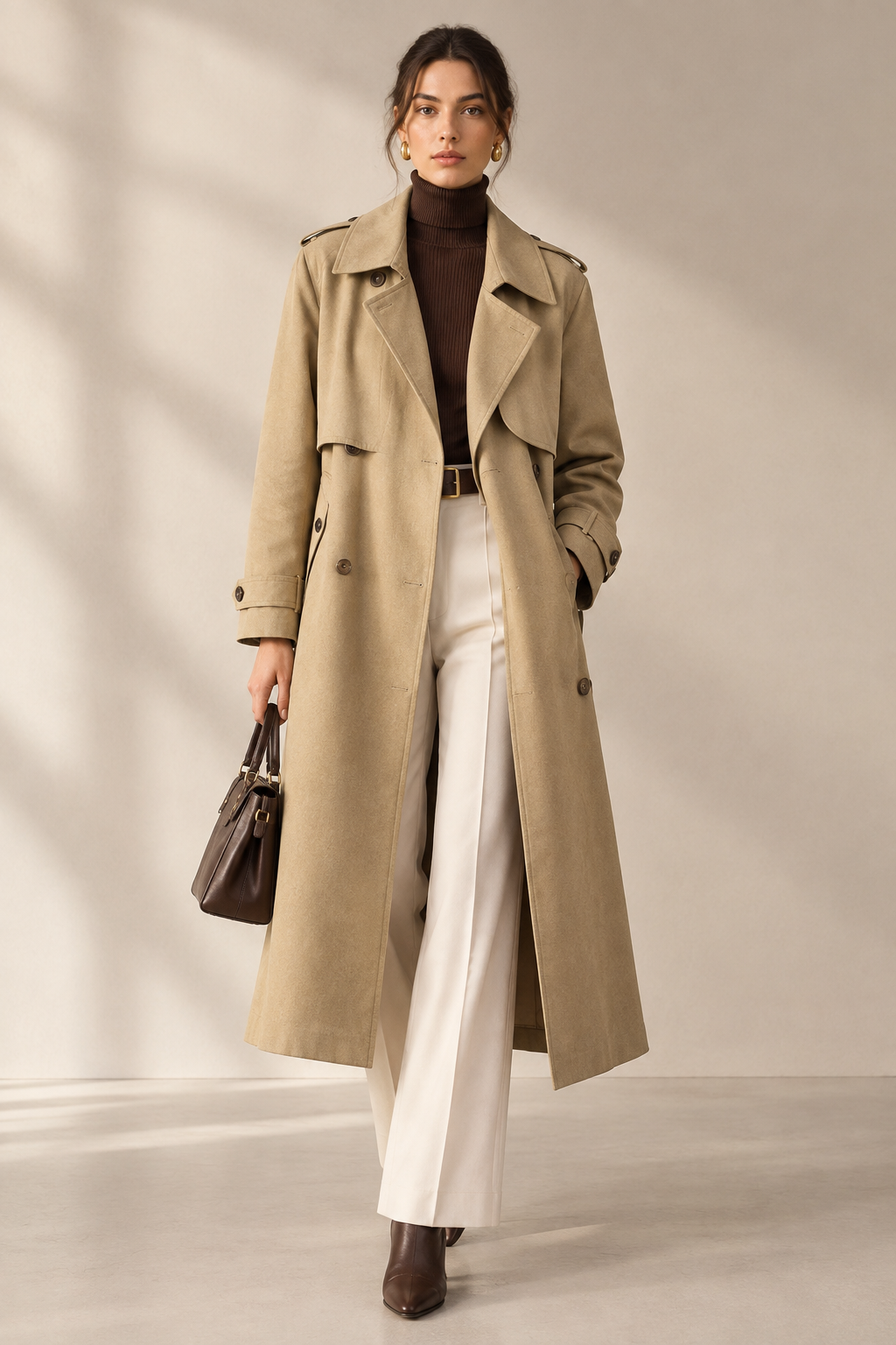 Front view of a women's beige twill double-breasted belted coat on a model