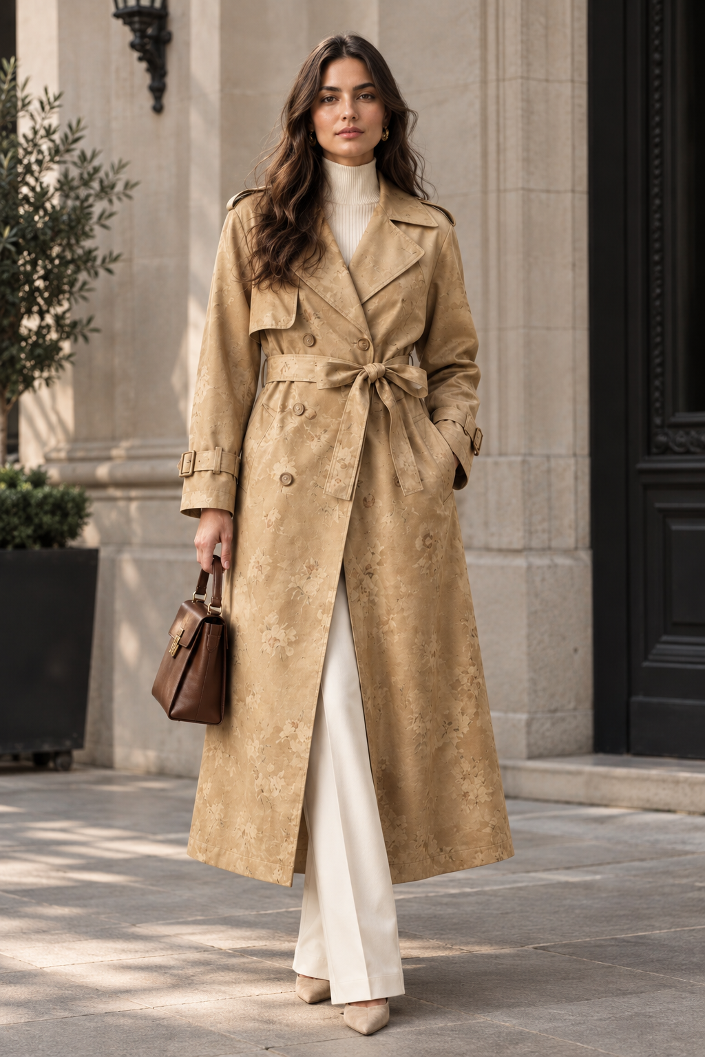 Front view of a model wearing a women's printed patchwork double-breasted belted trench coat