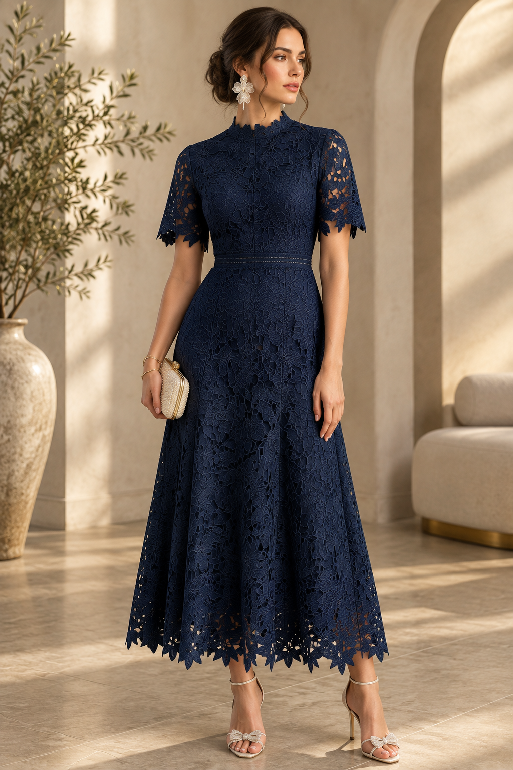 Front view of the navy floral embroidered lace dress with high neckline, short scalloped sleeves, a defined waist and flowing skirt.