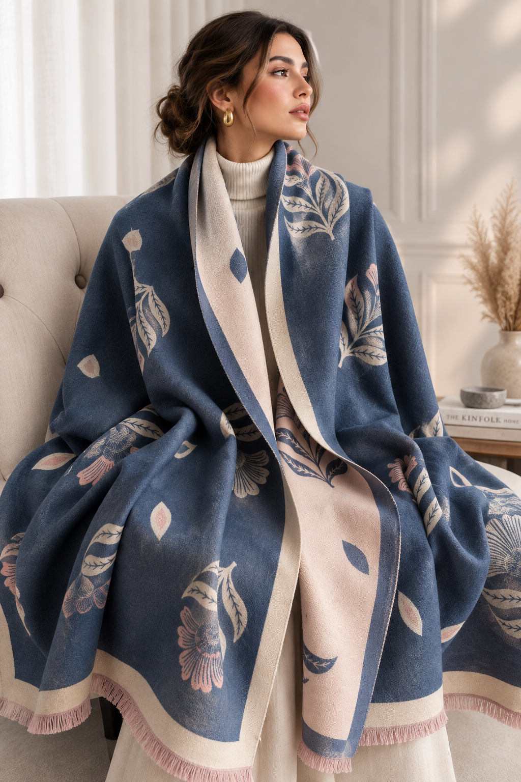 Pale green floral-print polyester scarf draped over the shoulders.