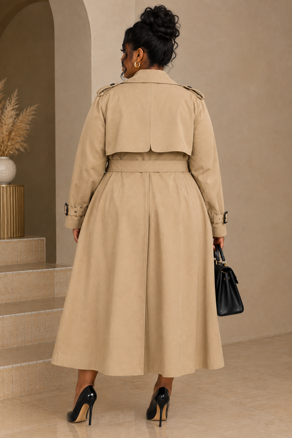 Front and back detail views of a beige belted trench coat