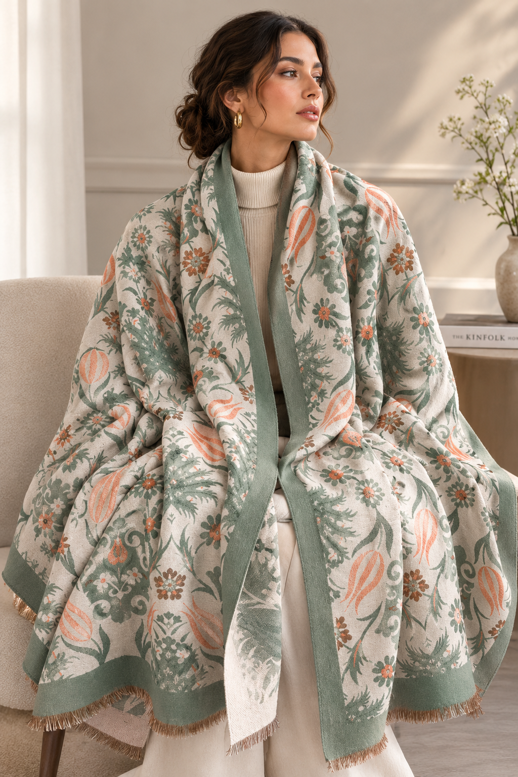 Dark floral-print polyester scarf styled around the neck with a contrast border.