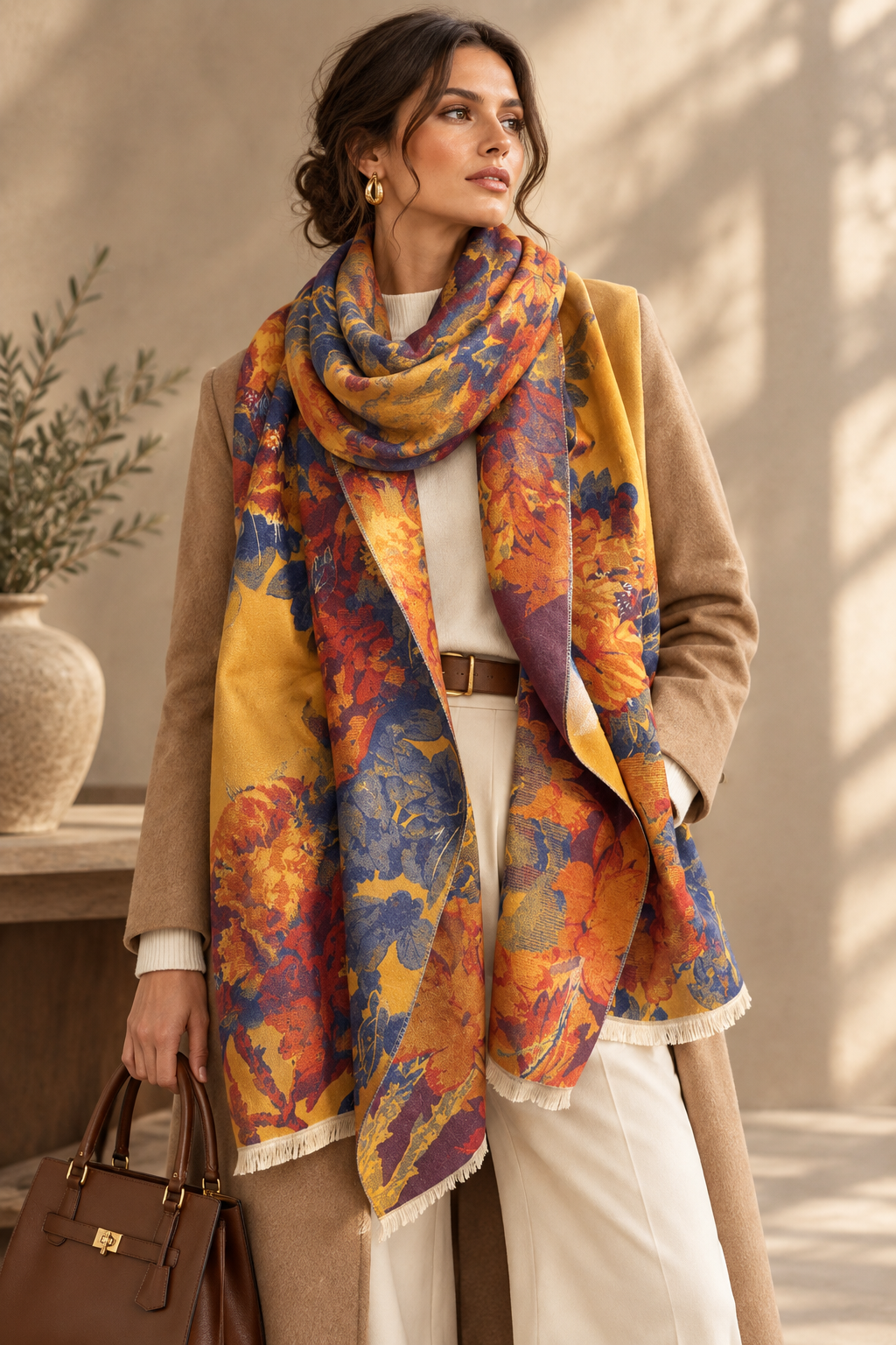 Printed polyester scarf for women with multicolor autumn leaf and floral design