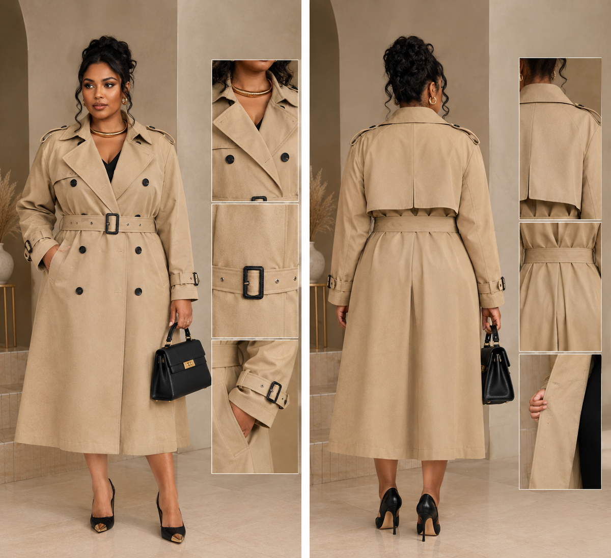 Back view of a beige belted trench coat on model