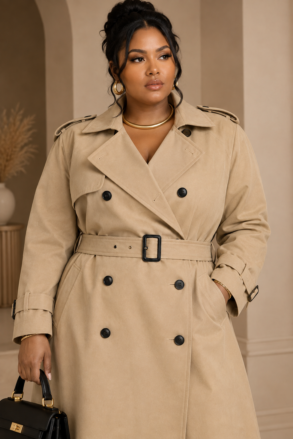 Front and back views of a beige belted trench coat on model