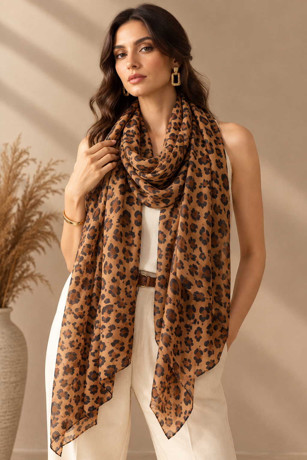 Leopard print scarf styled on a model