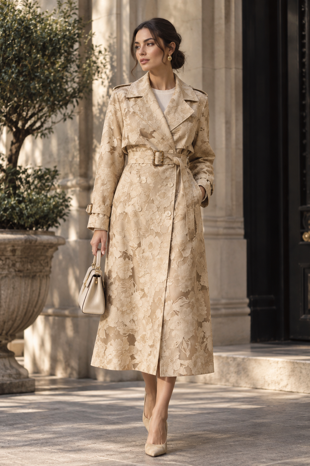 Women's Beige Floral Patterned Belted Double-Breasted Trench Coat