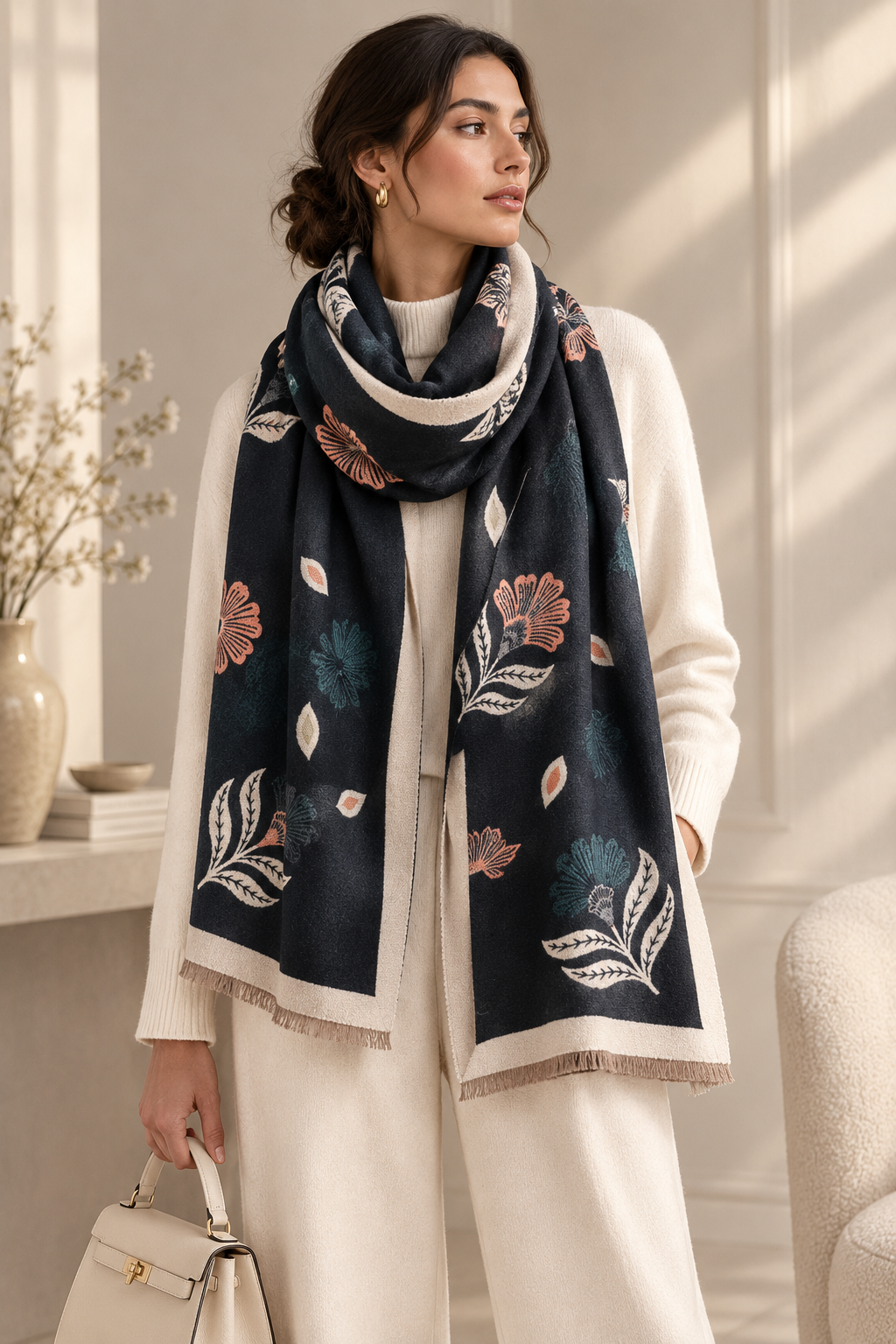Printed polyester scarf in a soft neutral shade with fringed ends.
