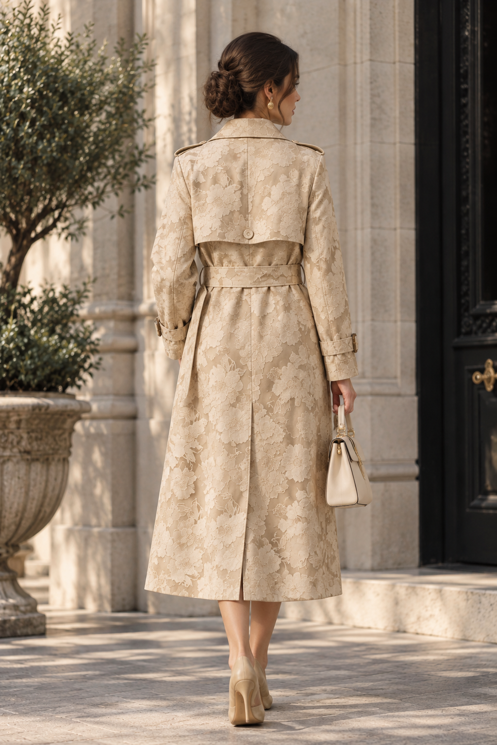 Women's Beige Floral Patterned Belted Double-Breasted Trench Coat