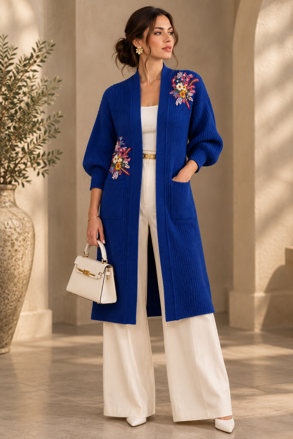 Royal blue floral embellished longline knit cardigan styled with cream trousers