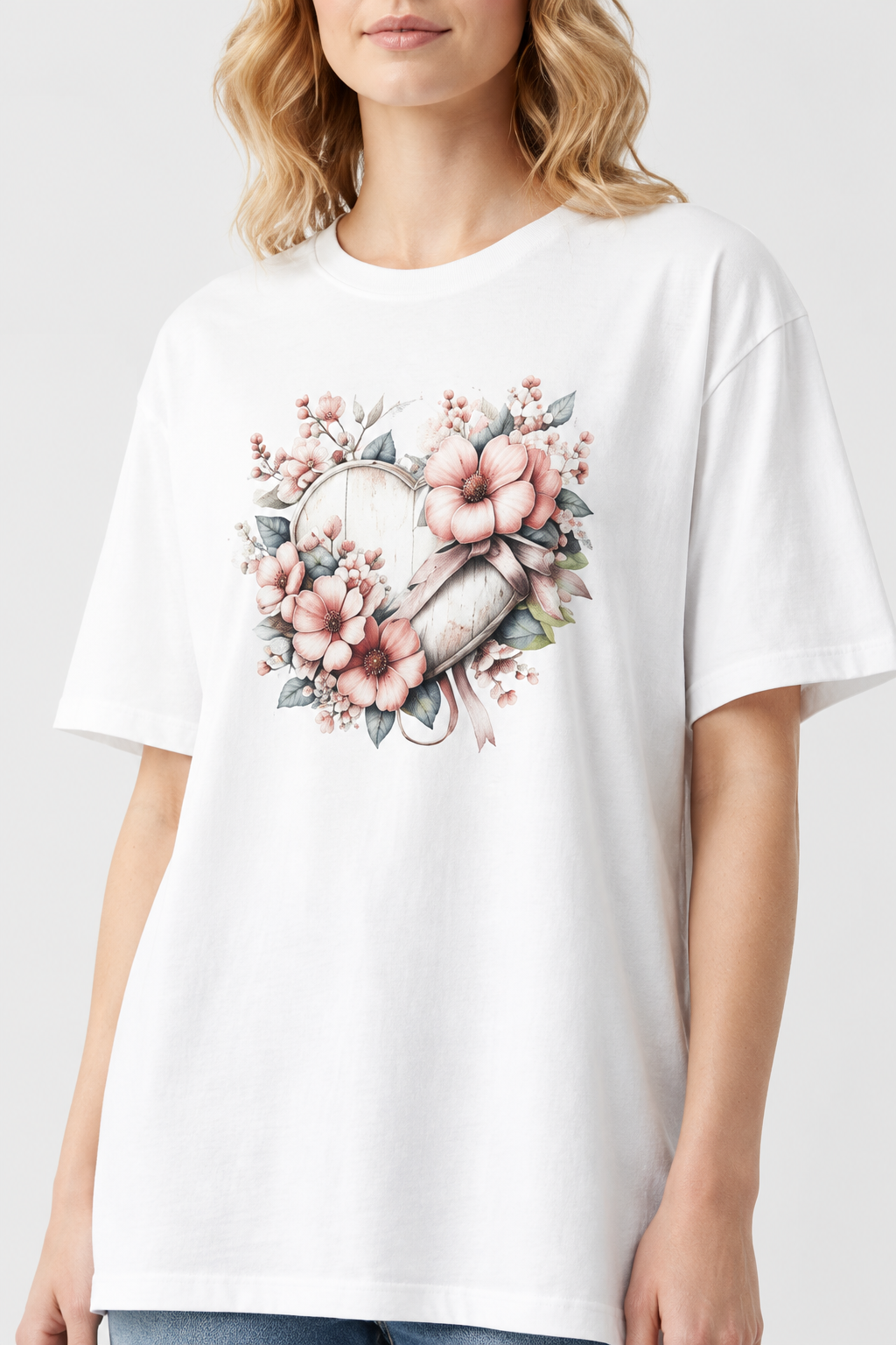 White floral heart graphic t-shirt with pastel flower and heart illustration