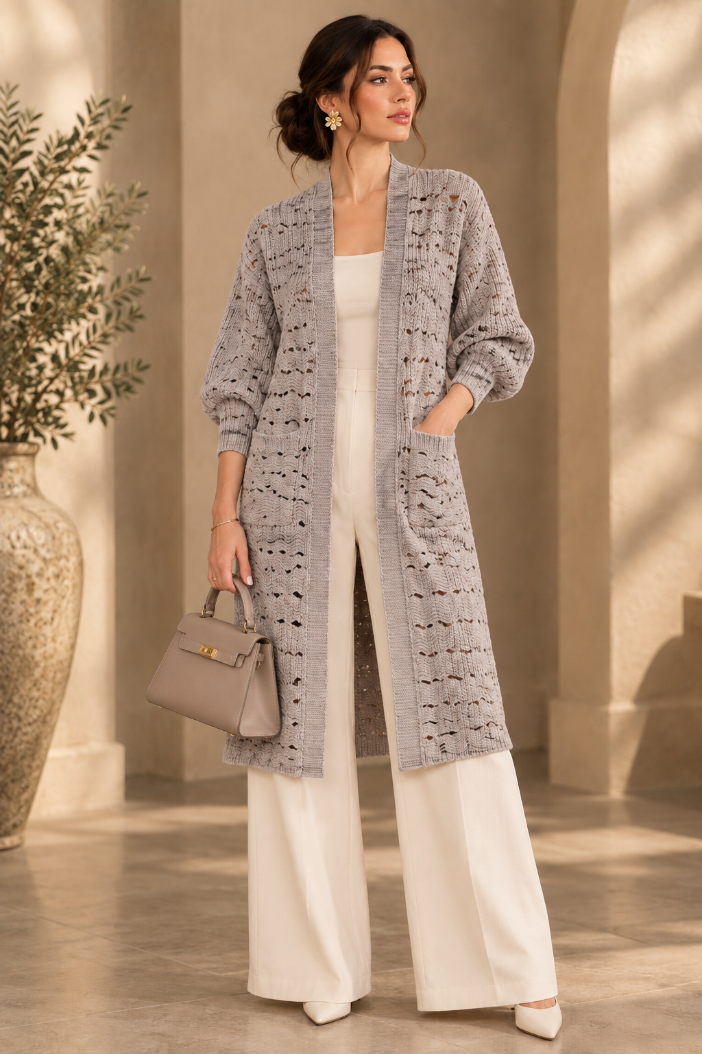 Grey cardigan editorial model image
