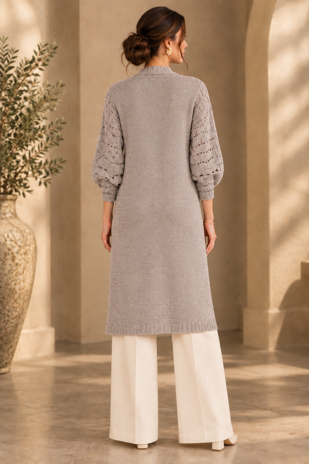 Grey cardigan plain-back rear view