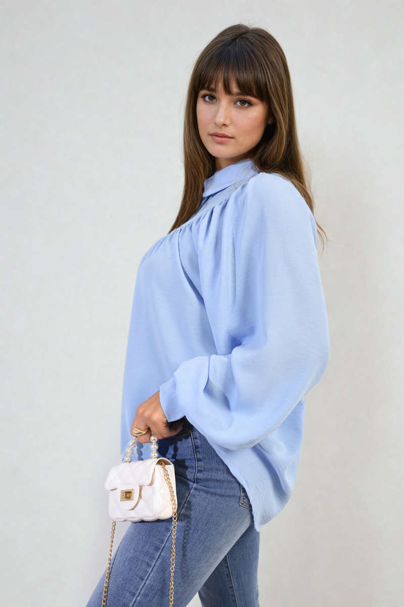 High Neckline Button Front Balloon Sleeve Top