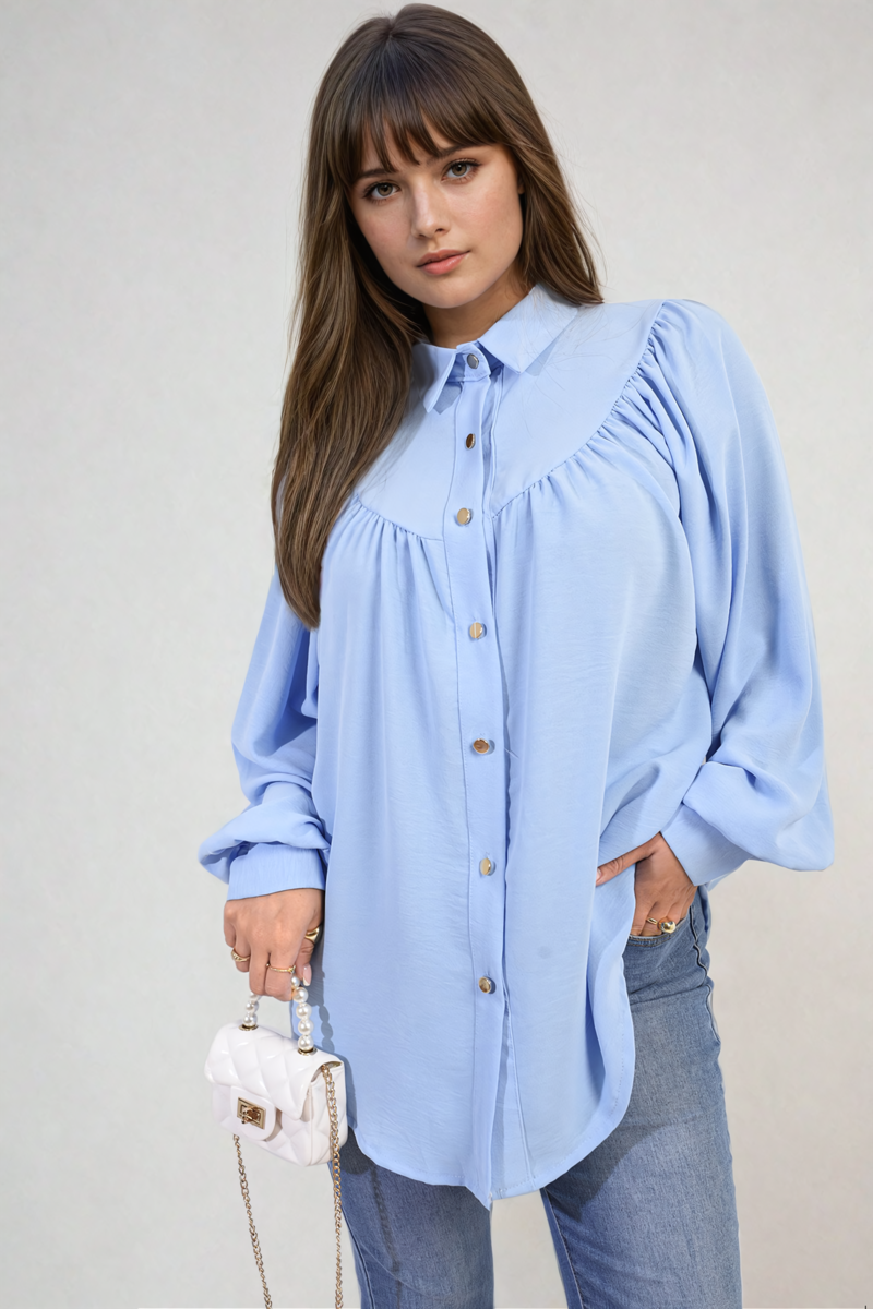 High Neckline Button Front Balloon Sleeve Top