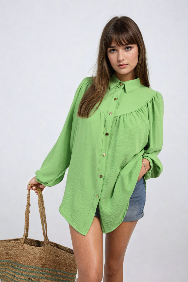 High Neckline Button Front Balloon Sleeve Top