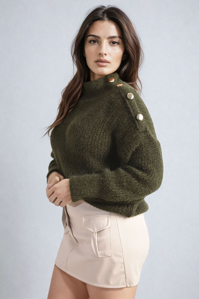 Buttons Long Sleeves Chunky Knit Top