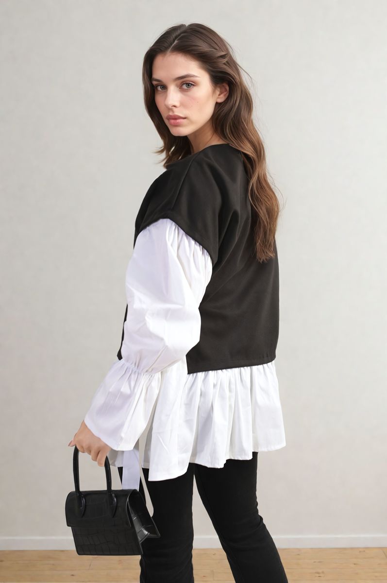 Side Tie Contrast Long Sleeve Knit Frill Top