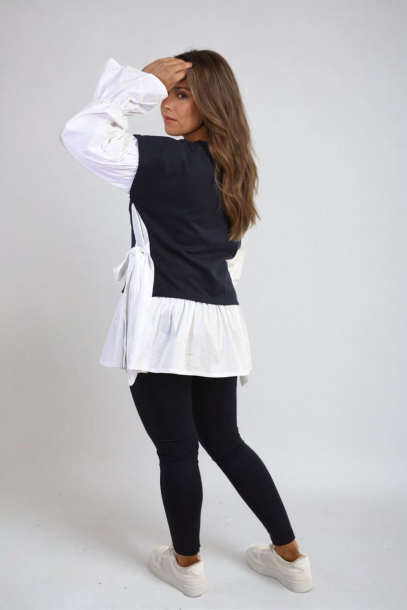 Side Tie Contrast Long Sleeve Knit Frill Top