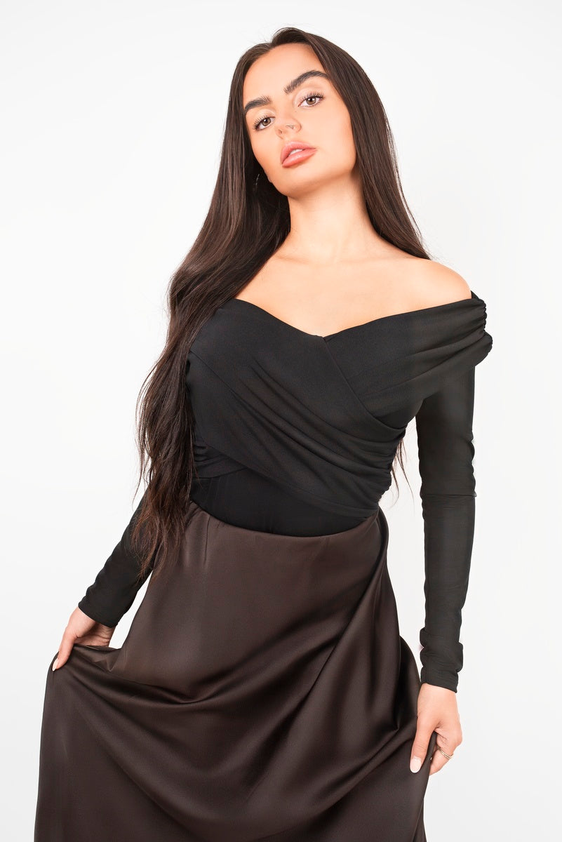 Black off-shoulder long sleeve bodysuit with ruched sweetheart neckline