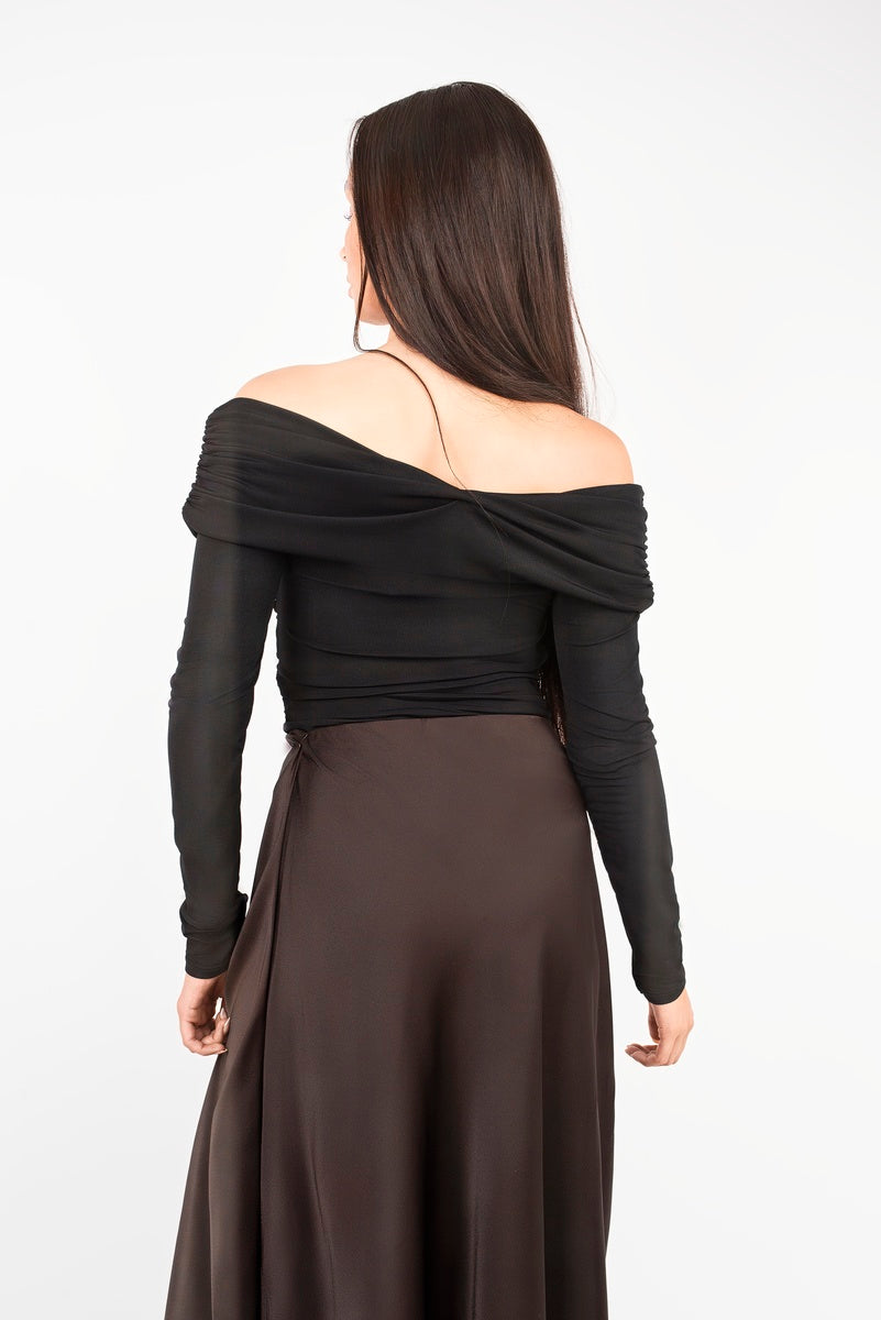 Black off-shoulder long sleeve bodysuit, back view, ruched off-shoulder neckline