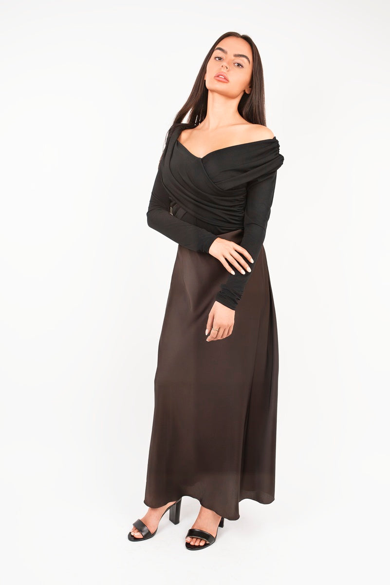 Black off-shoulder long sleeve bodysuit with draped ruched bodice