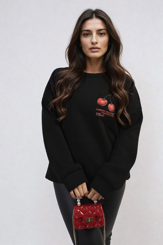 Cherry Printed Front and Back Design Oversized Knitted Jumper