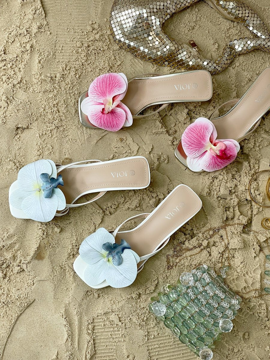 Floral strap high heel sandals with pink flower detail and metallic upper, low block heel.