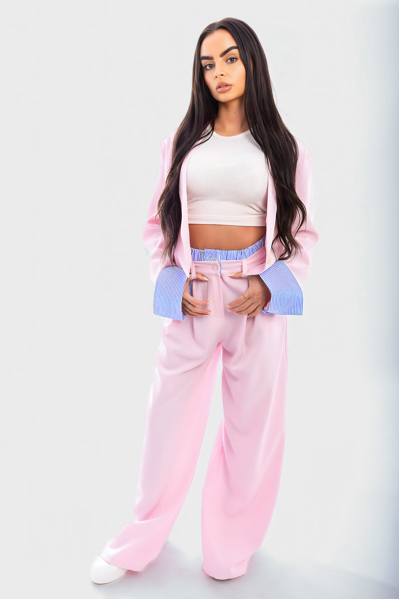 Pink blazer top and straight-leg trousers co-ord set with white cropped camisole