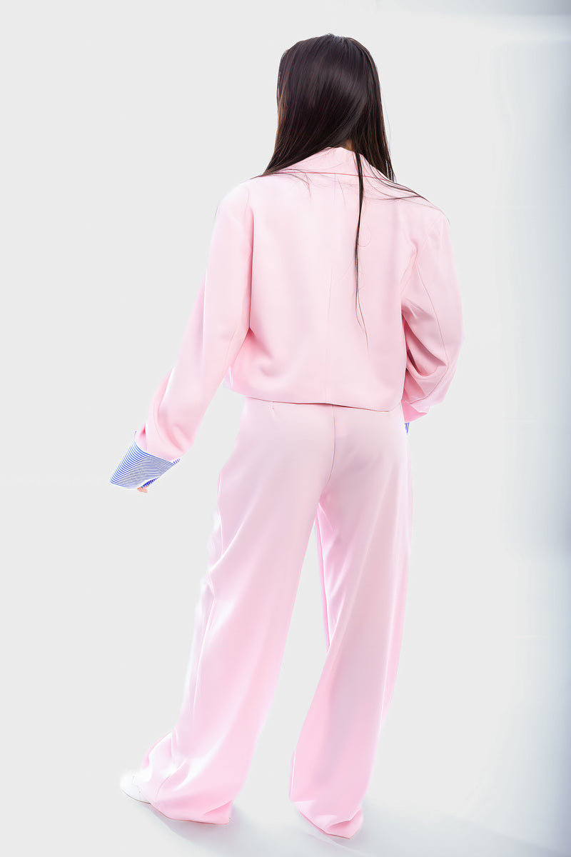 Pink blazer top and straight-leg trousers co-ord set from back, long sleeves