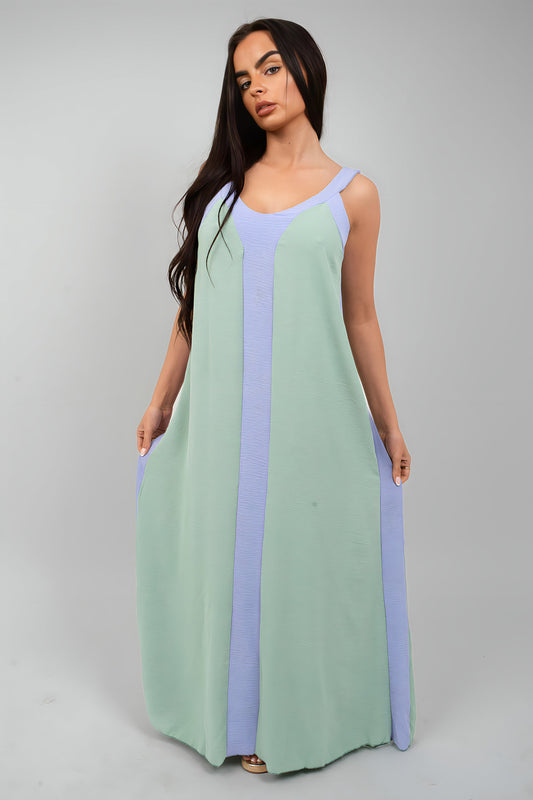 Two-tone cami maxi dress in mint with pale blue vertical panels and wide straps