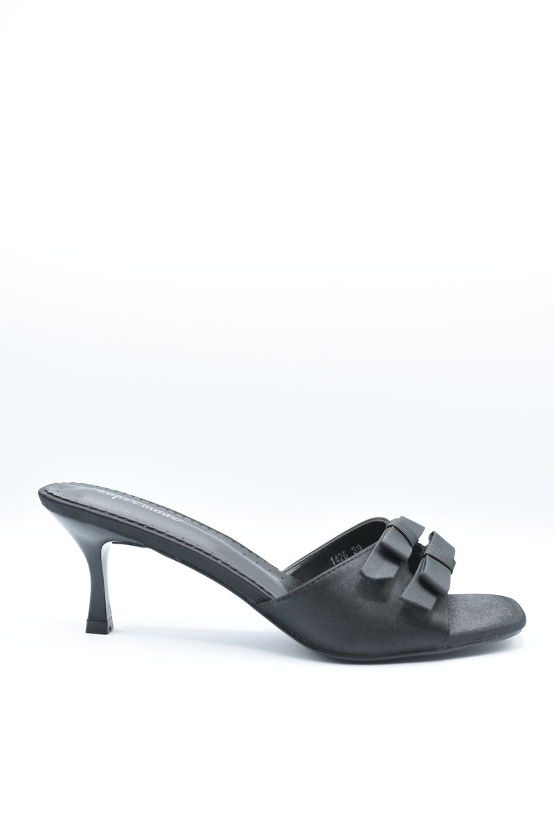 Black open-toe high heel mule with bow detail and front strap