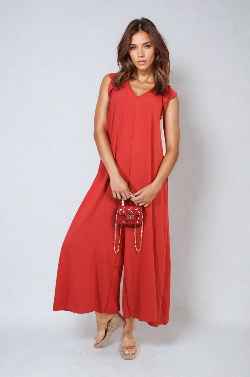 Ruffle Sleeve V-Neck Loose Waist Wide Leg Jumpsuit