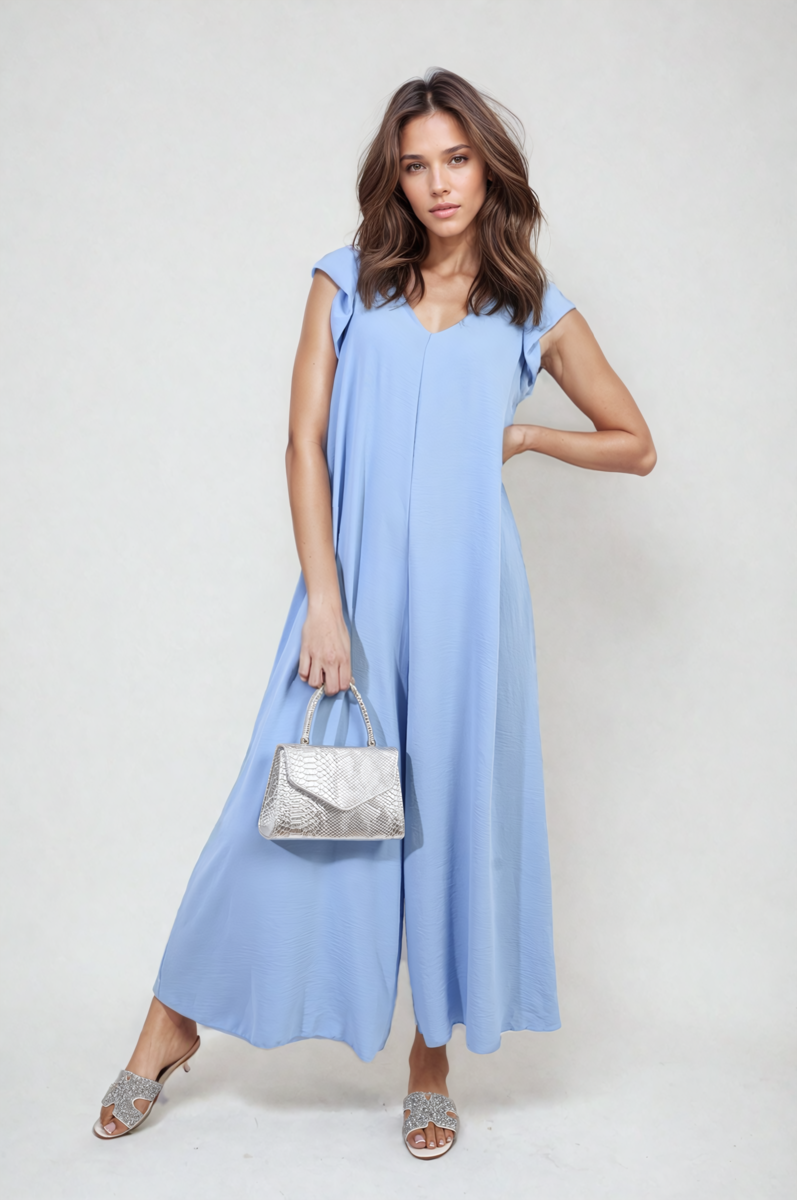 Ruffle Sleeve V-Neck Loose Waist Wide Leg Jumpsuit