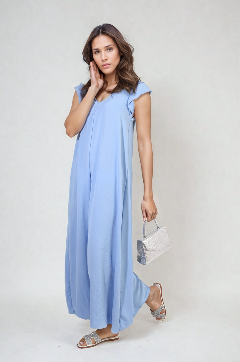 Ruffle Sleeve V-Neck Loose Waist Wide Leg Jumpsuit